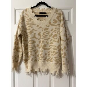LEANI | Distressed Leopard Print V-Neck Oversized Sweater | S || Tan Cream|